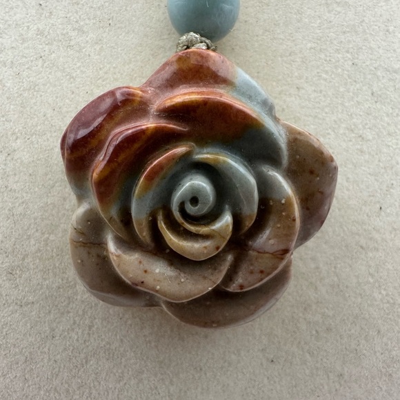 Polychrome Rose Pendant Necklace with Jade Bead on Beige Adjustable Rope - Picture 3 of 8